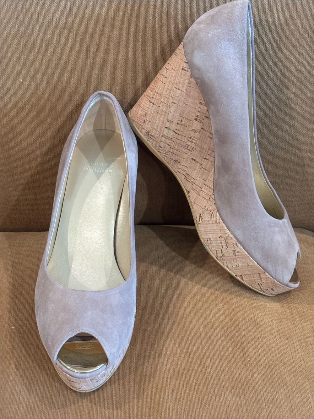 Stuart Weitzman Taupe Suede Peep-Toe Cork Wedge Heels